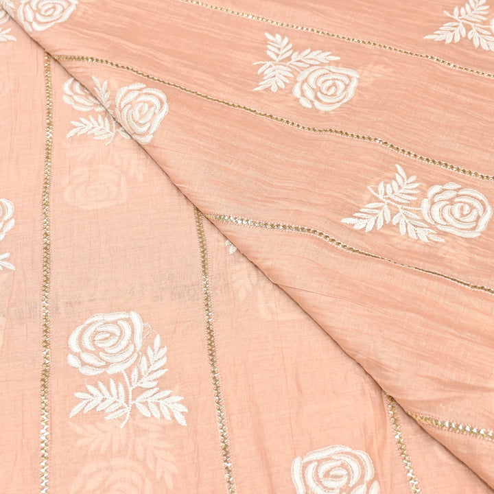 Blush Peach Color Mul Chanderi Thread Embroidery Fabric with Gota Stripes AT01023-3