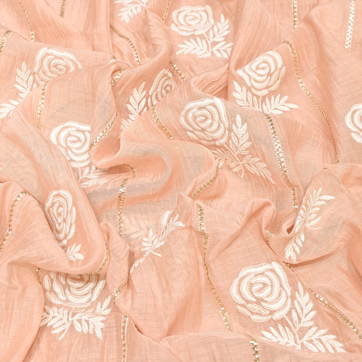Blush Peach Color Mul Chanderi Thread Embroidery Fabric with Gota Stripes AT01023-3