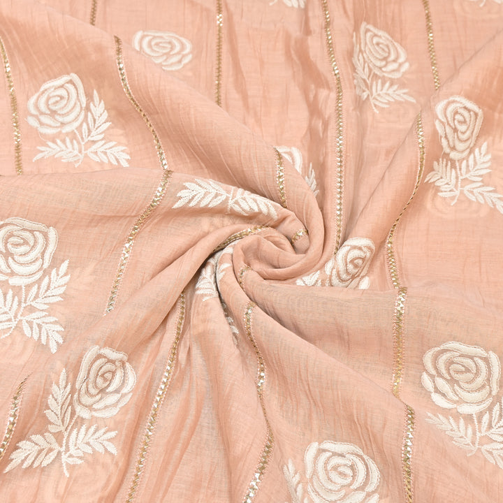 Blush Peach Color Mul Chanderi Thread Embroidery Fabric with Gota Stripes AT01023-3