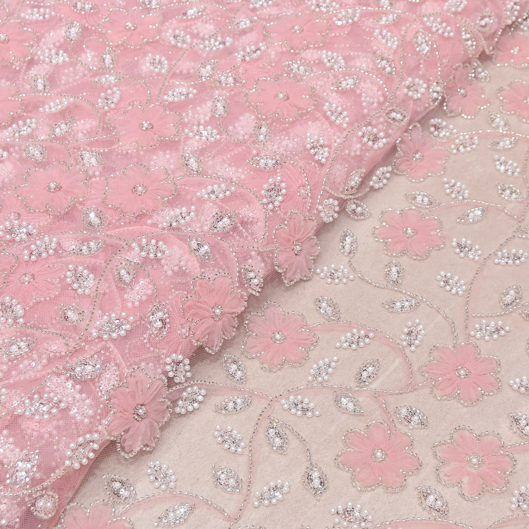 Imported Floral Thread with Pearl, Sequin & Bead Net Embroidery Fabric 60" | AF6885-01