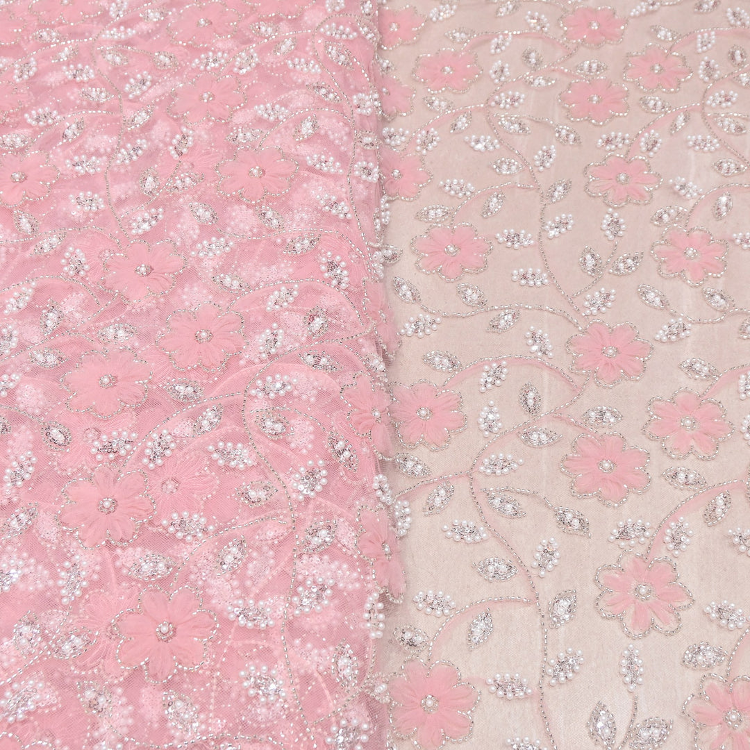 Imported Floral Thread with Pearl, Sequin & Bead Net Embroidery Fabric 60" | AF6885-01