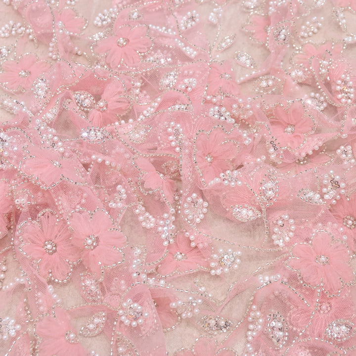 Imported Floral Thread with Pearl, Sequin & Bead Net Embroidery Fabric 60" | AF6885-01