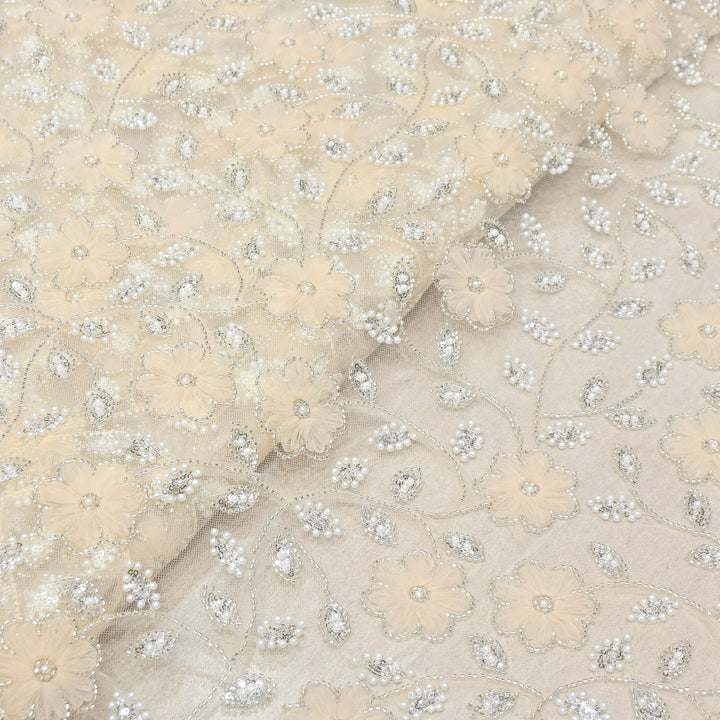 Imported Floral Thread with Pearl, Sequin & Bead Net Embroidery Fabric 60" | AF6885-02