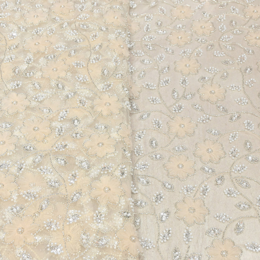 Imported Floral Thread with Pearl, Sequin & Bead Net Embroidery Fabric 60" | AF6885-02