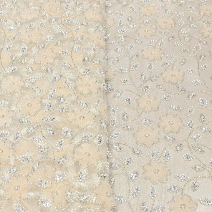 Imported Floral Thread with Pearl, Sequin & Bead Net Embroidery Fabric 60" | AF6885-02