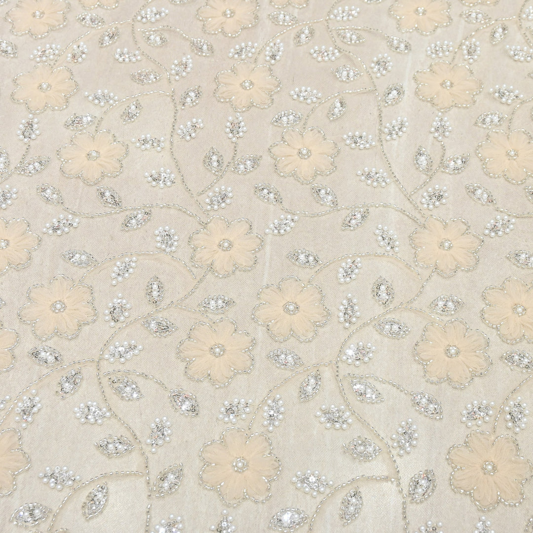 Imported Floral Thread with Pearl, Sequin & Bead Net Embroidery Fabric 60" | AF6885-02