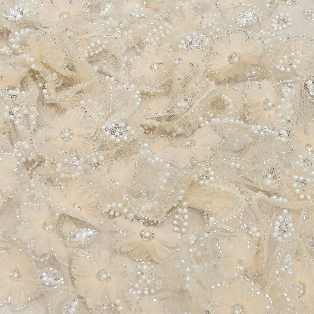 Imported Floral Thread with Pearl, Sequin & Bead Net Embroidery Fabric 60" | AF6885-02