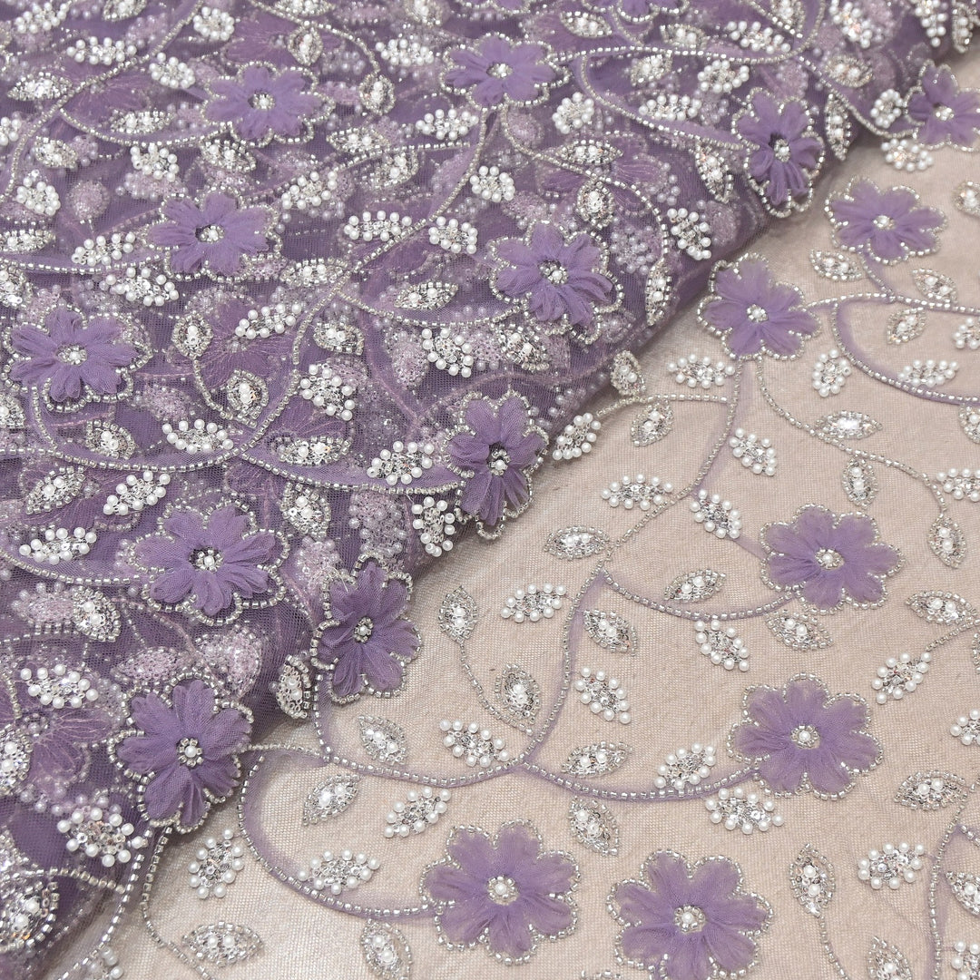 Imported Floral Thread with Pearl, Sequin & Bead Net Embroidery Fabric 60" | AF6885-03