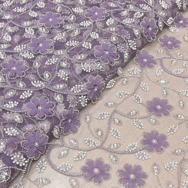Imported Floral Thread with Pearl, Sequin & Bead Net Embroidery Fabric 60" | AF6885-03