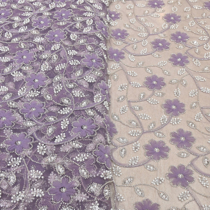 Imported Floral Thread with Pearl, Sequin & Bead Net Embroidery Fabric 60" | AF6885-03