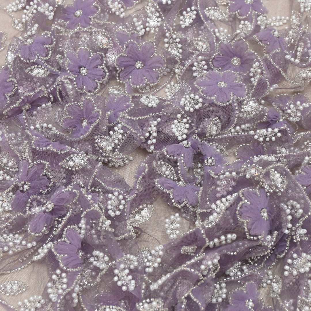 Imported Floral Thread with Pearl, Sequin & Bead Net Embroidery Fabric 60" | AF6885-03