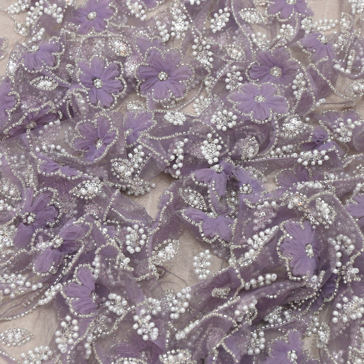 Imported Floral Thread with Pearl, Sequin & Bead Net Embroidery Fabric 60" | AF6885-03