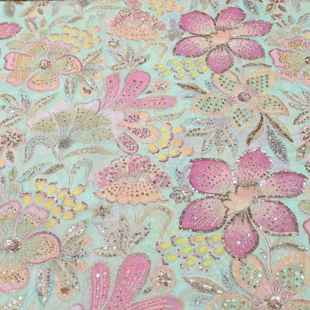Premium Viscose Organza Position Print Zari & Sequins Embroidery Fabric | Designer Fabric | VI2546C-01