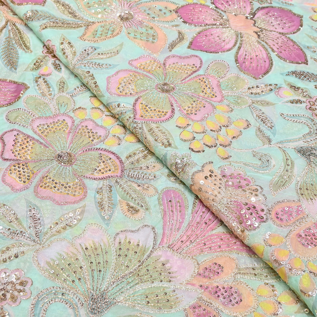 Premium Viscose Organza Position Print Zari & Sequins Embroidery Fabric | Designer Fabric | VI2546C-01