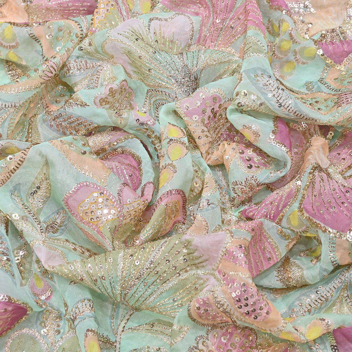 Premium Viscose Organza Position Print Zari & Sequins Embroidery Fabric | Designer Fabric | VI2546C-01