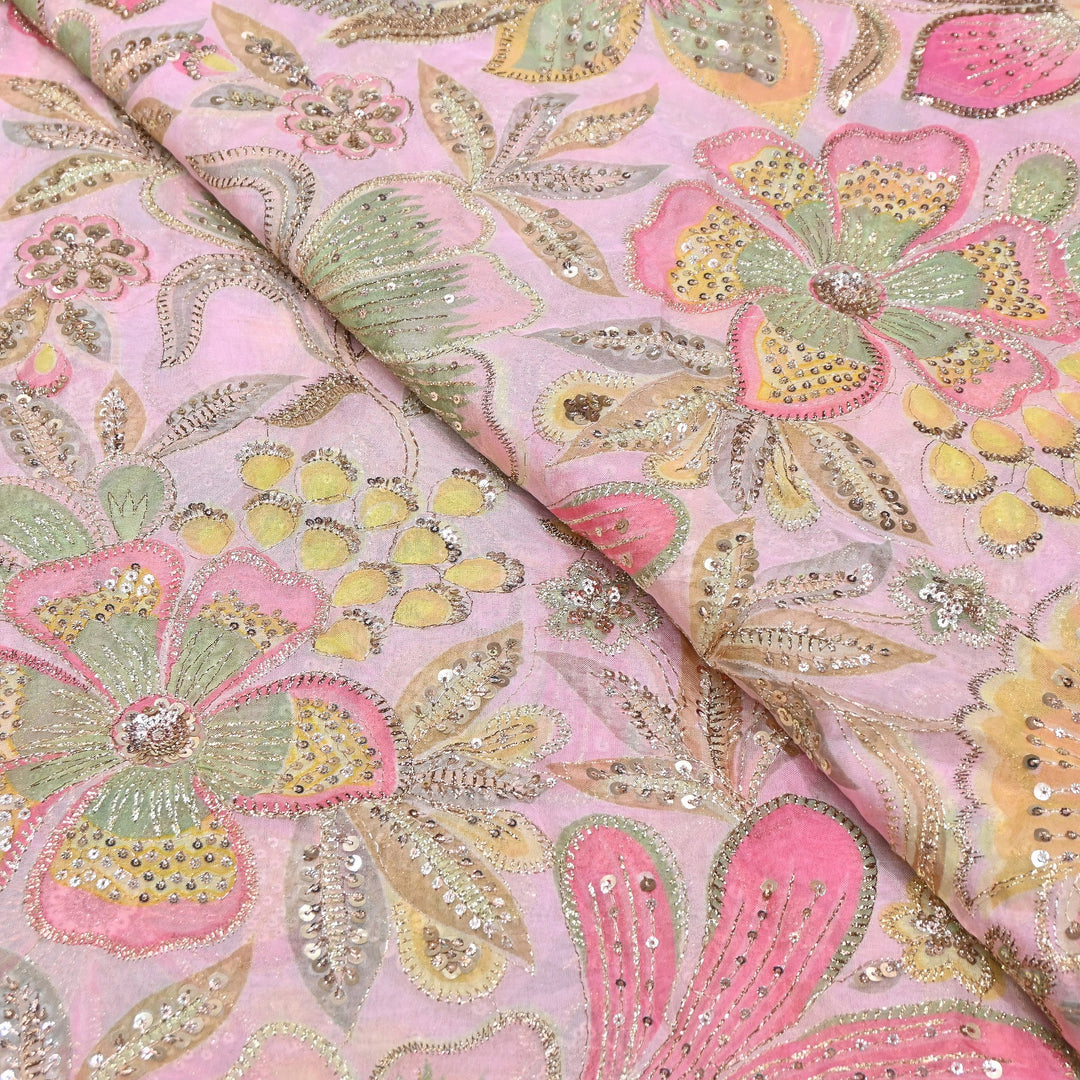 Premium Viscose Organza Position Print Zari & Sequins Embroidery Fabric | Designer Fabric | VI2546C-02