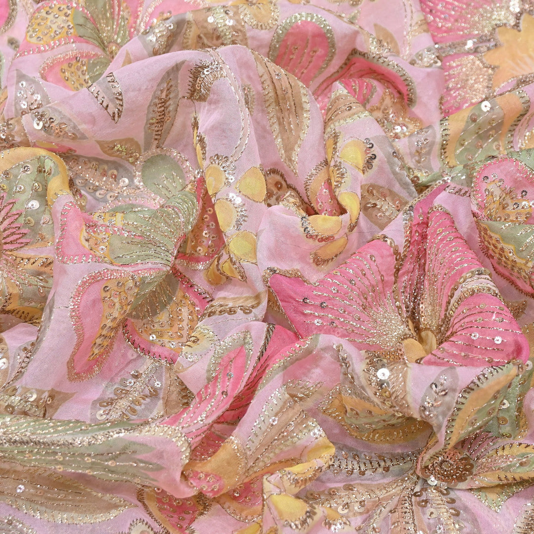 Premium Viscose Organza Position Print Zari & Sequins Embroidery Fabric | Designer Fabric | VI2546C-02