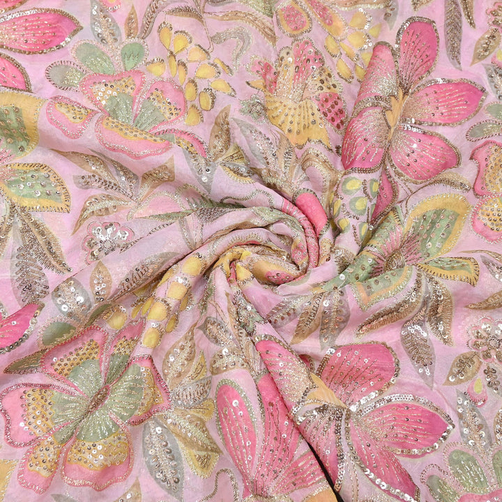 Premium Viscose Organza Position Print Zari & Sequins Embroidery Fabric | Designer Fabric | VI2546C-02