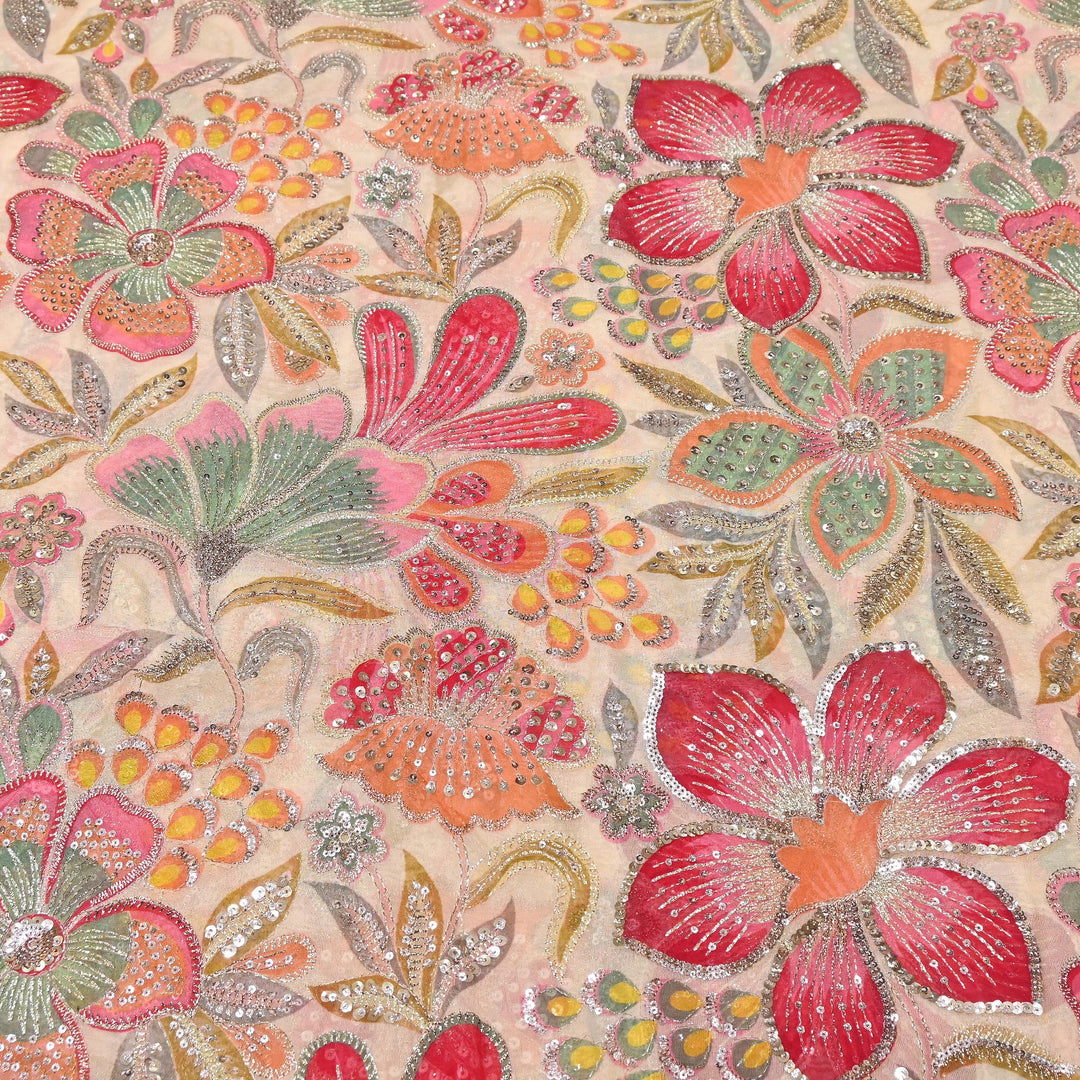 Premium Viscose Organza Position Print Zari & Sequins Embroidery Fabric | Designer Fabric | VI2546C-03
