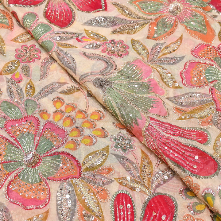 Premium Viscose Organza Position Print Zari & Sequins Embroidery Fabric | Designer Fabric | VI2546C-03
