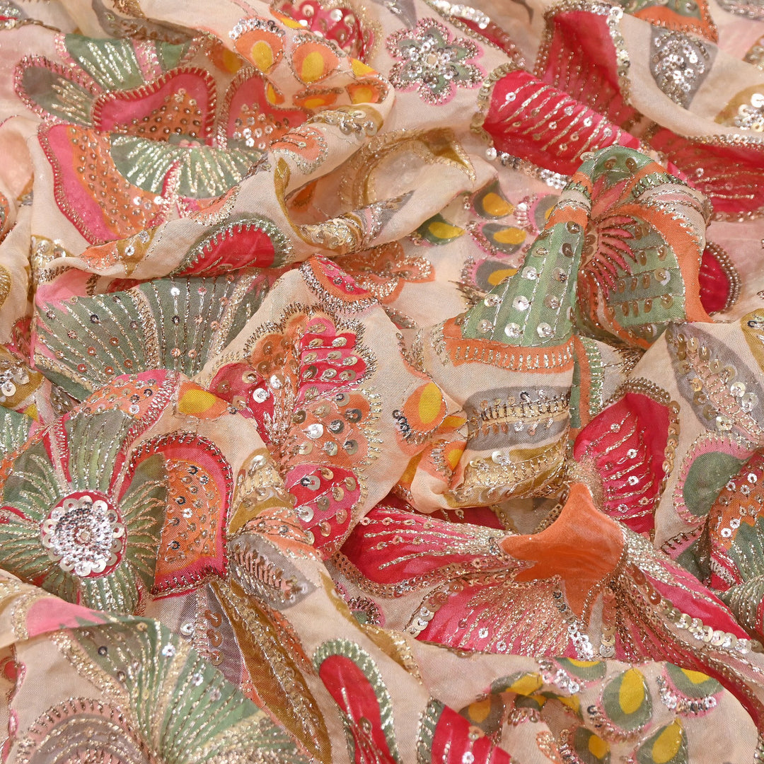 Premium Viscose Organza Position Print Zari & Sequins Embroidery Fabric | Designer Fabric | VI2546C-03