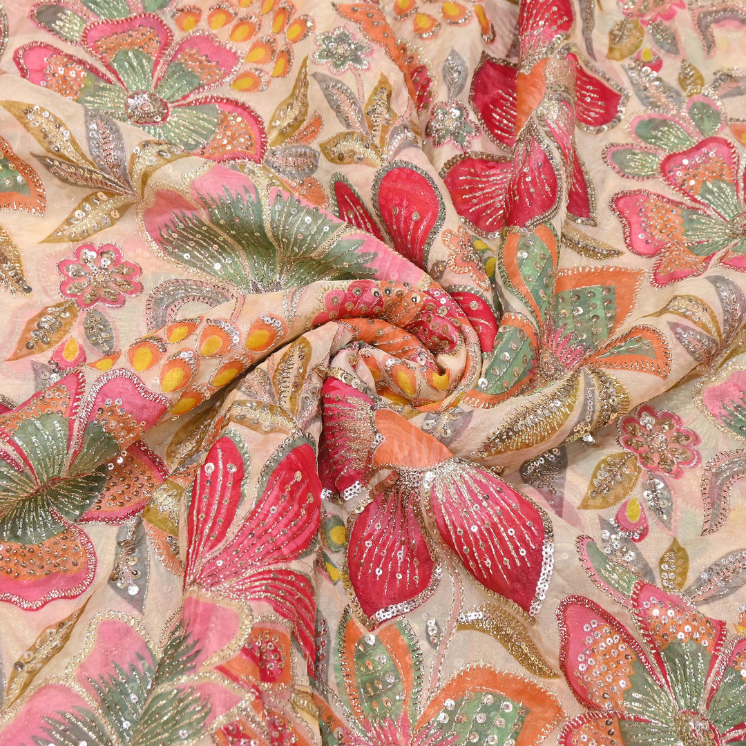 Premium Viscose Organza Position Print Zari & Sequins Embroidery Fabric | Designer Fabric | VI2546C-03