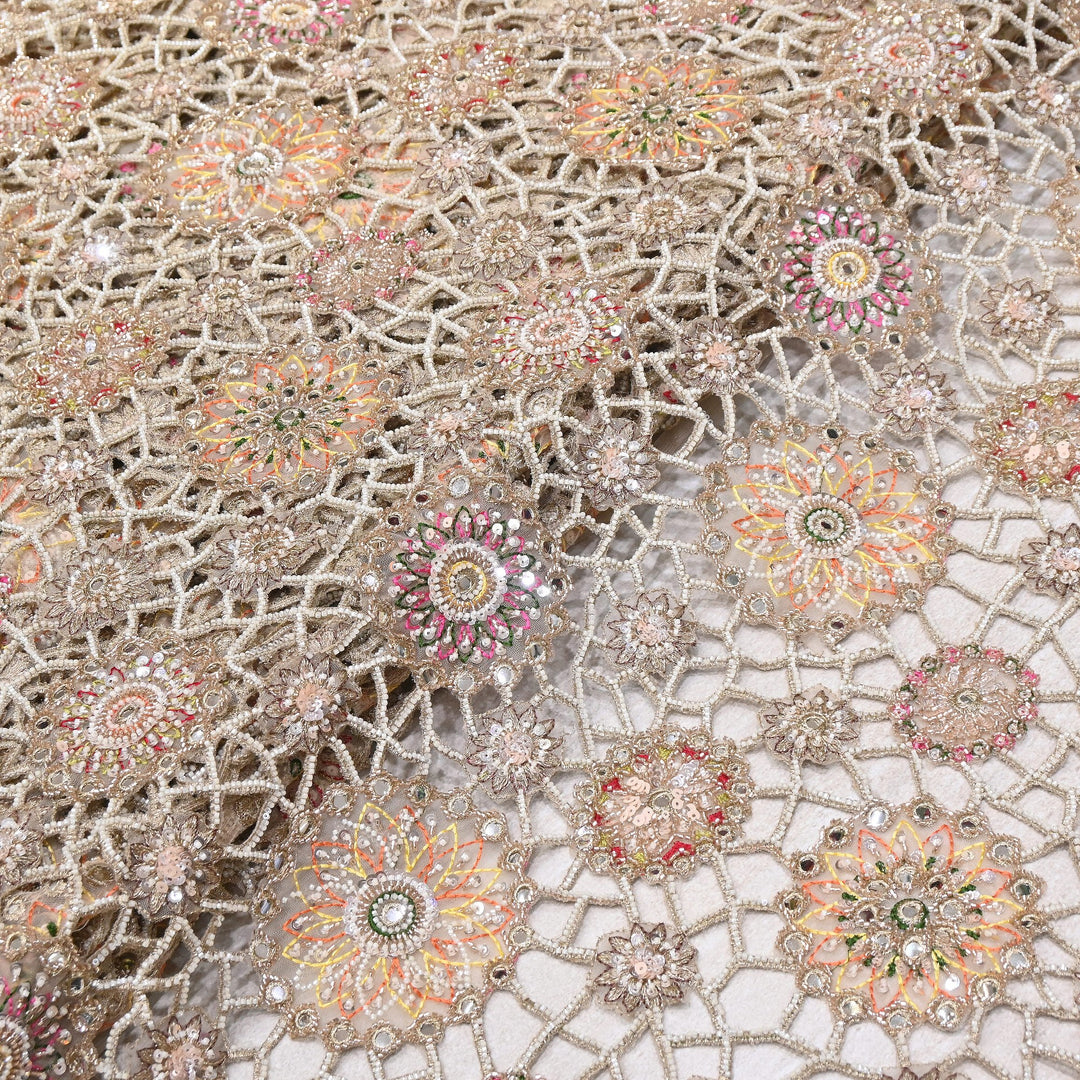 Net Cut Work Moti & Mirror Embroidery Fabric 54" | Designer Fabrics | VI3152C-01
