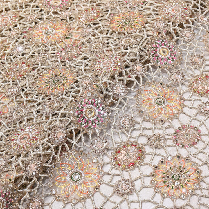 Net Cut Work Moti & Mirror Embroidery Fabric 54" | Designer Fabrics | VI3152C-01