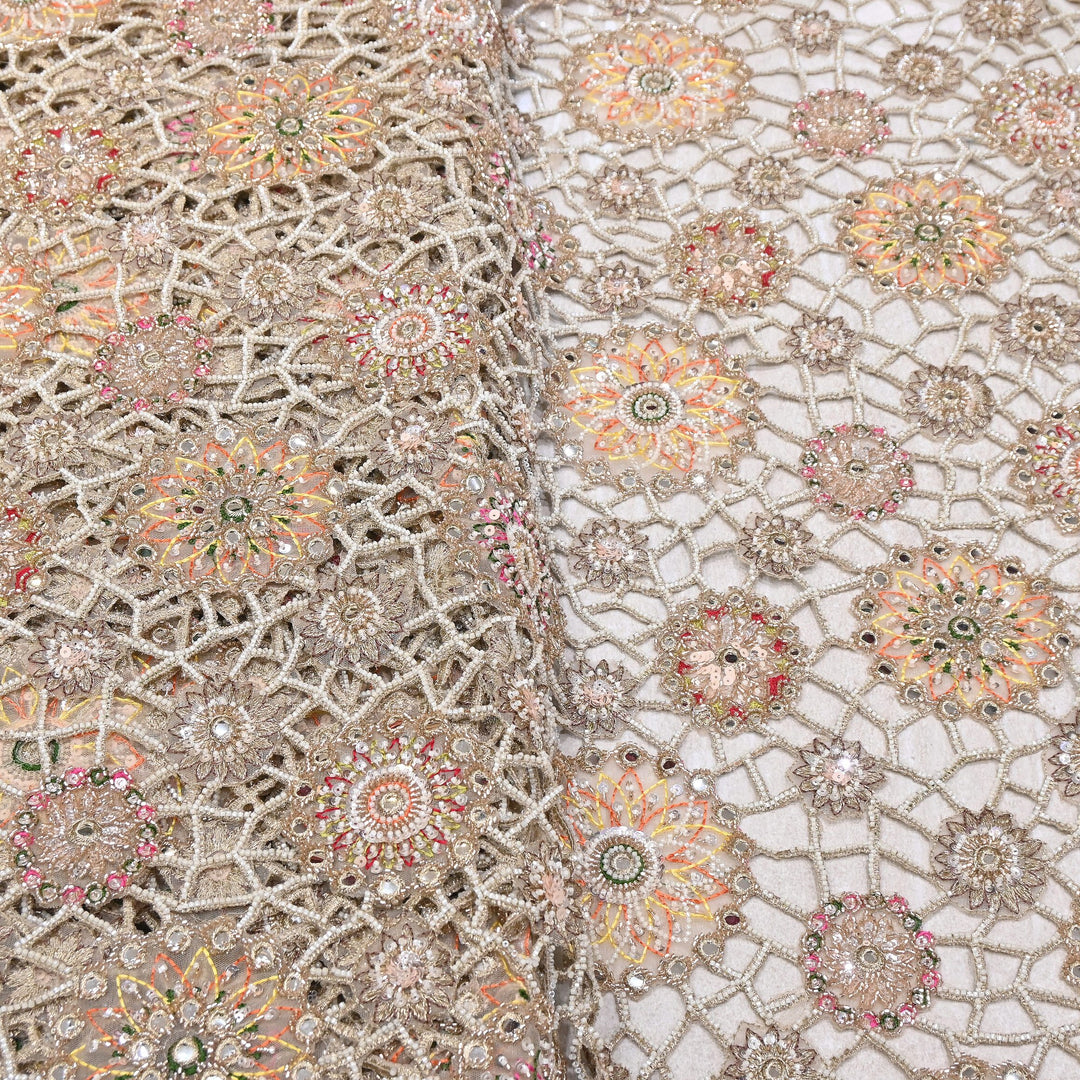 Net Cut Work Moti & Mirror Embroidery Fabric 54" | Designer Fabrics | VI3152C-01