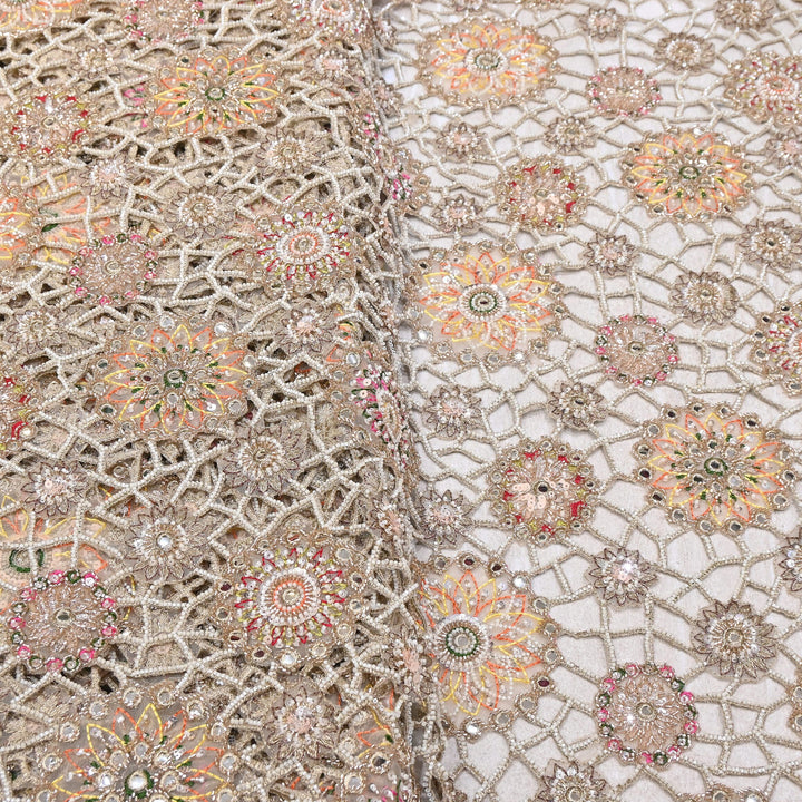 Net Cut Work Moti & Mirror Embroidery Fabric 54" | Designer Fabrics | VI3152C-01