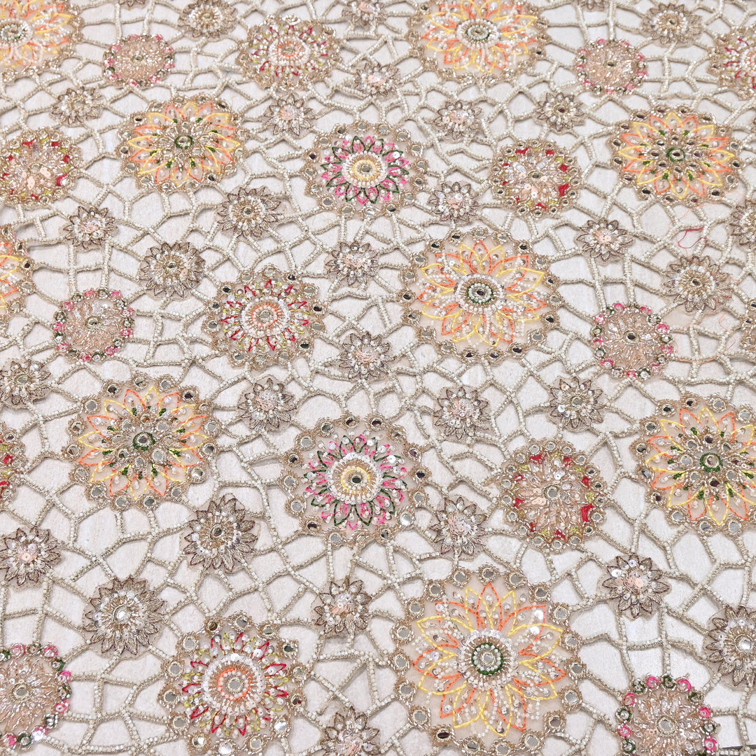 Net Cut Work Moti & Mirror Embroidery Fabric 54" | Designer Fabrics | VI3152C-01