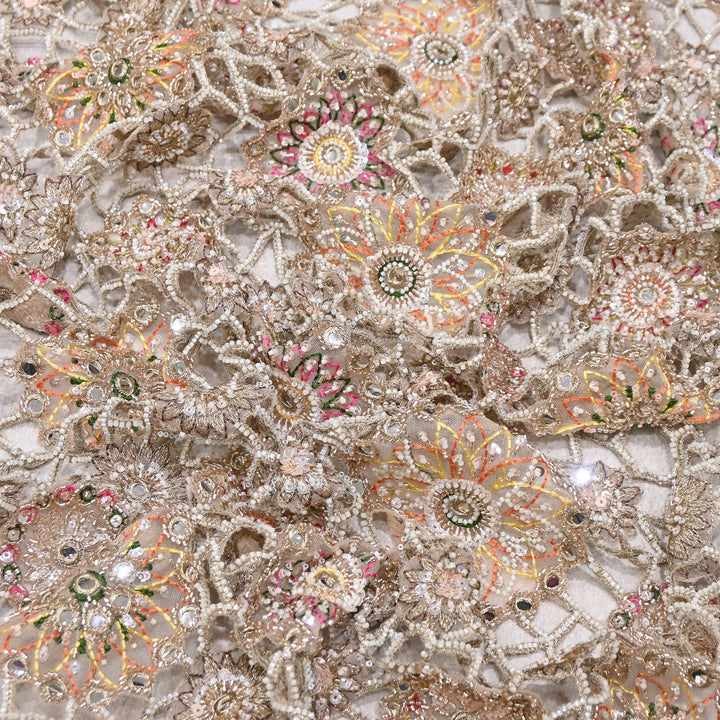 Net Cut Work Moti & Mirror Embroidery Fabric 54" | Designer Fabrics | VI3152C-01