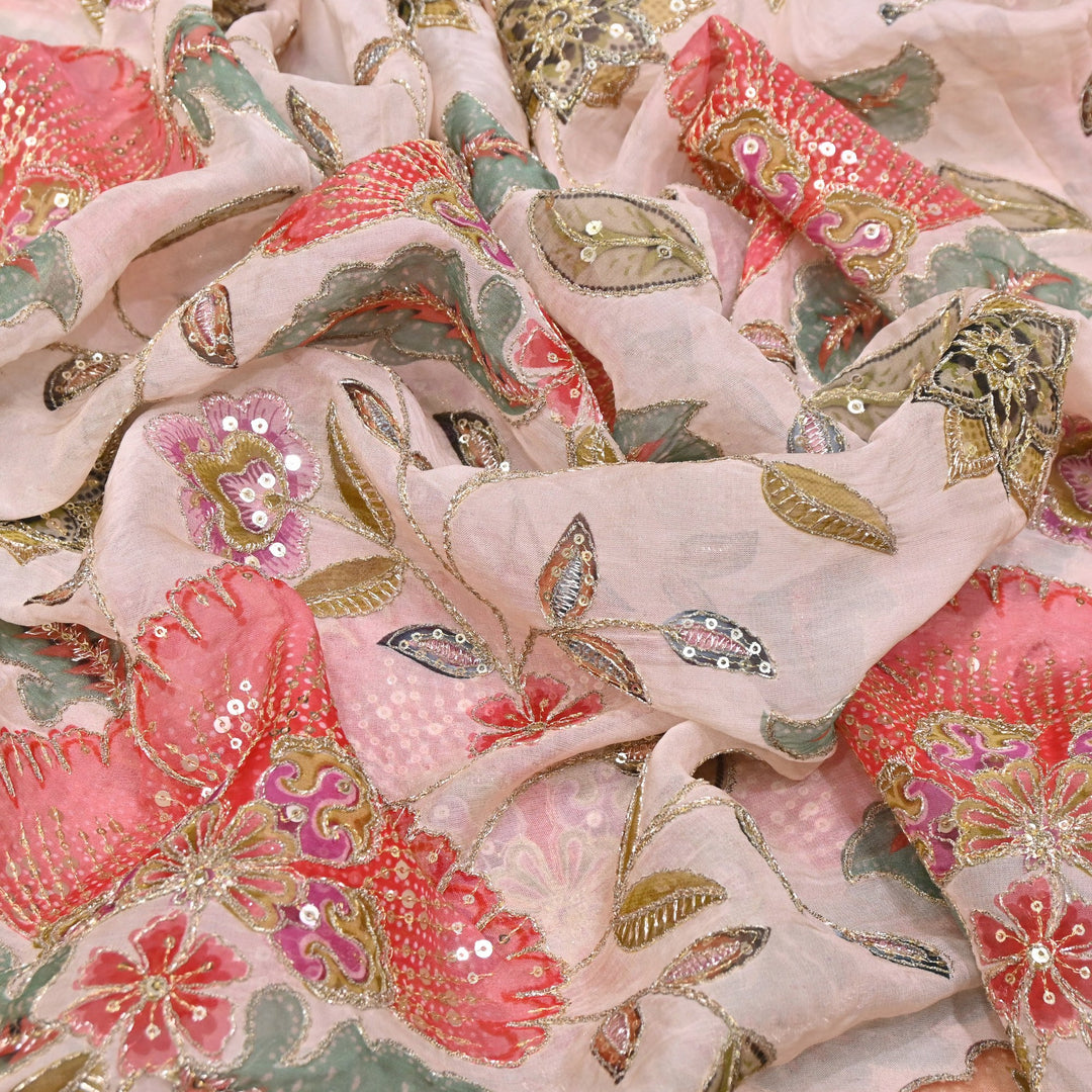 Viscose Organza Position Print Zari & Sequins Embroidery Fabric 54" | Designer Fabric | V2273C-03