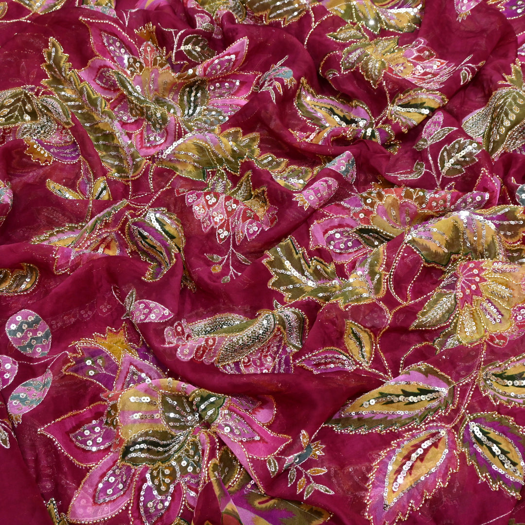 Viscose Organza Position Printed with Zari Sequence Embroidery