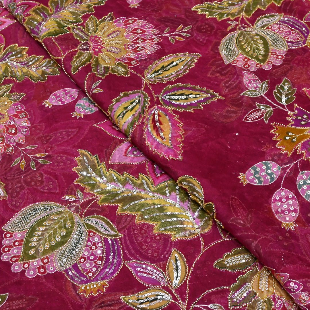 Viscose Organza Position Printed with Zari Sequence Embroidery
