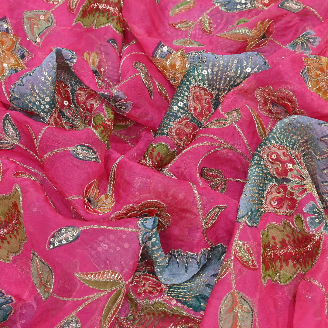 Viscose Organza Position Print Zari & Sequins Embroidery Fabric 54" | Designer Fabric | V2273C-04