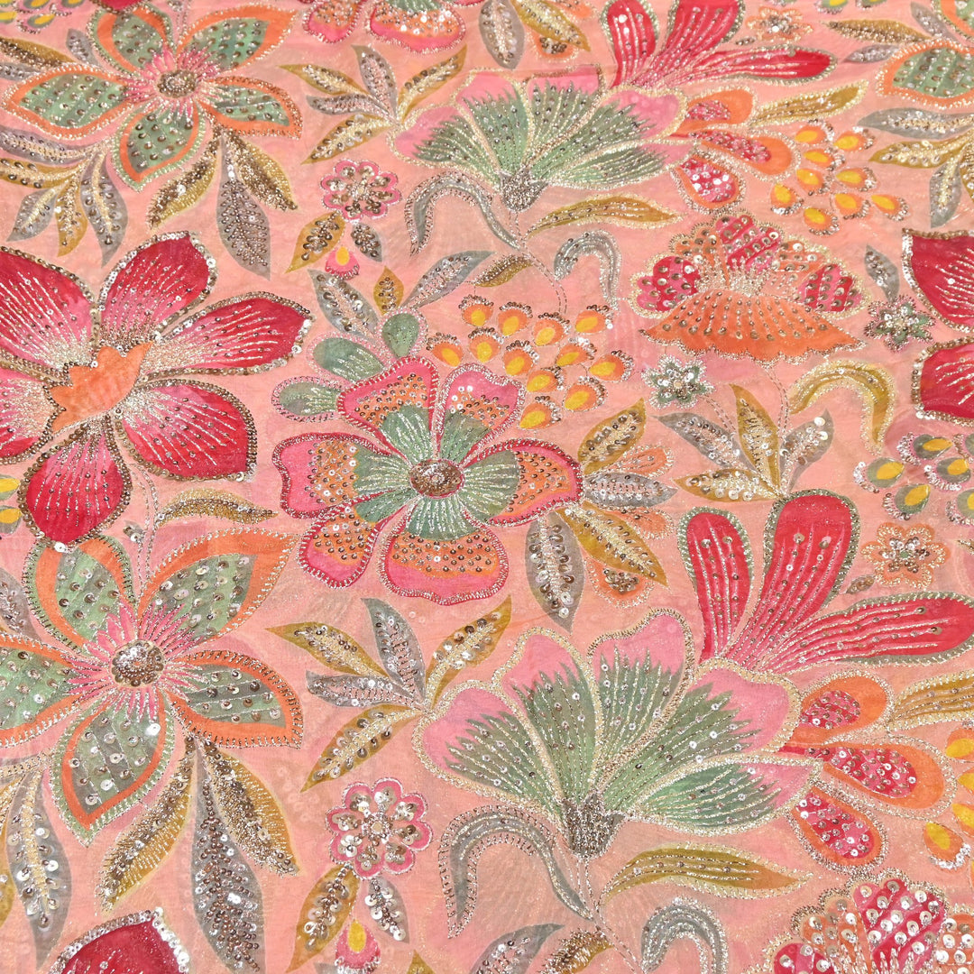 Premium Viscose Organza Position Print Zari & Sequins Embroidery Fabric | Designer Fabric | VI2546C