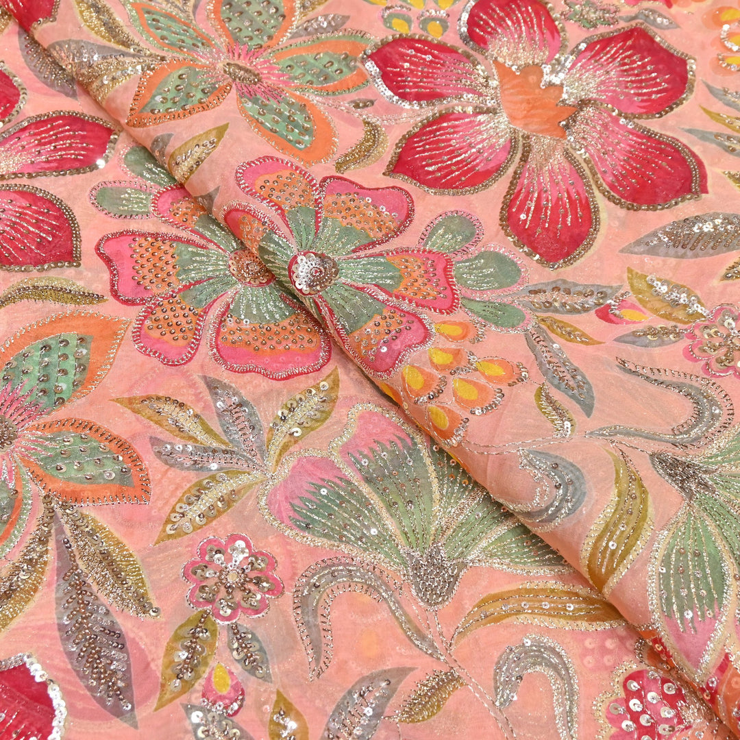 Premium Viscose Organza Position Print Zari & Sequins Embroidery Fabric | Designer Fabric | VI2546C