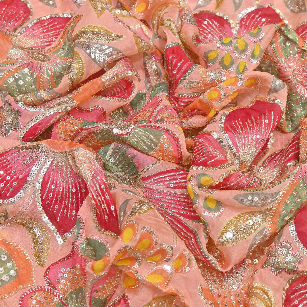 Premium Viscose Organza Position Print Zari & Sequins Embroidery Fabric | Designer Fabric | VI2546C