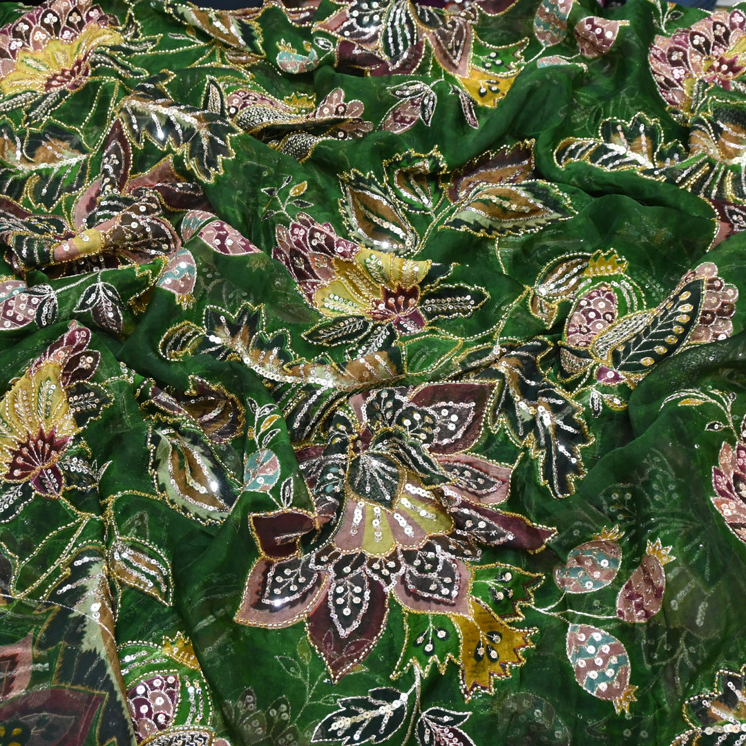 Viscose Organza Position Printed with Zari Sequence Embroidery