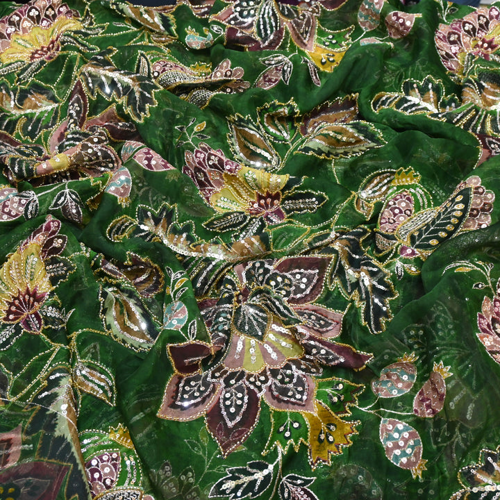 Viscose Organza Position Printed with Zari Sequence Embroidery