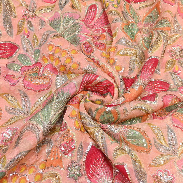 Premium Viscose Organza Position Print Zari & Sequins Embroidery Fabric | Designer Fabric | VI2546C