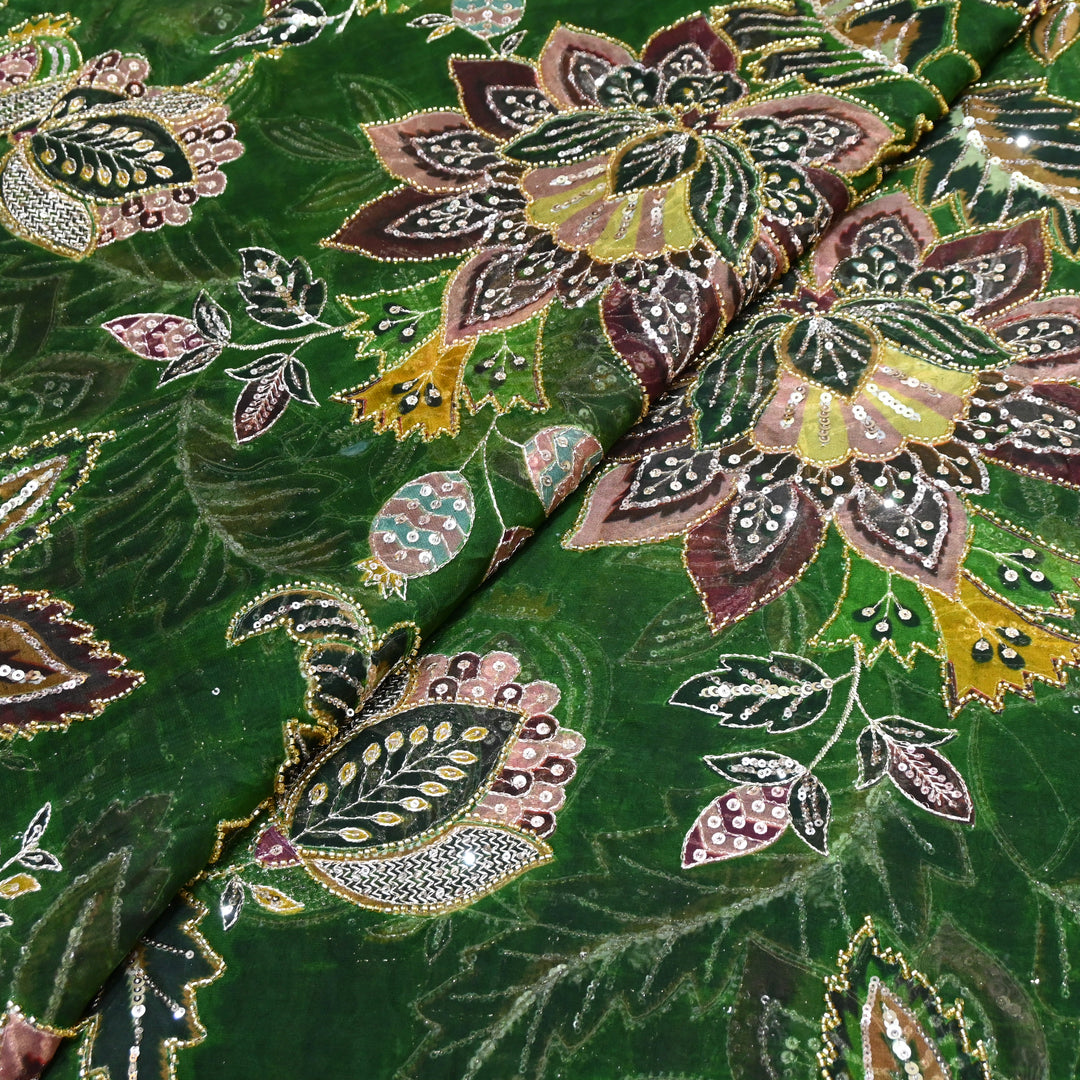 Viscose Organza Position Printed with Zari Sequence Embroidery