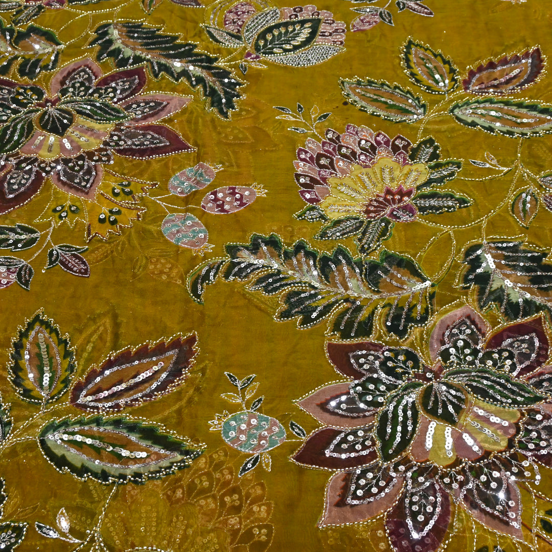 Viscose Organza Position Printed with Zari Sequence Embroidery