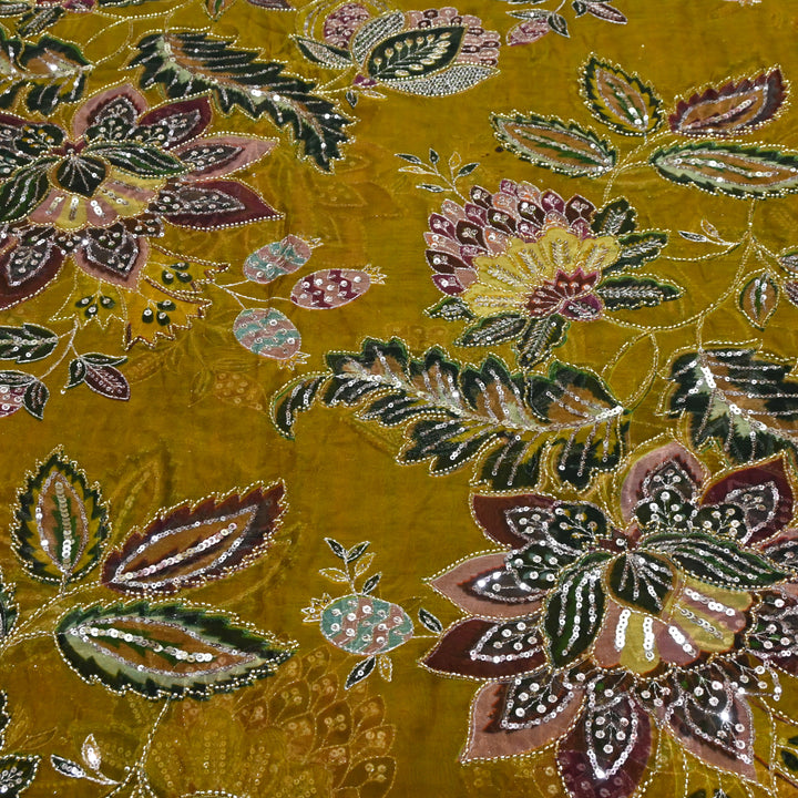 Viscose Organza Position Printed with Zari Sequence Embroidery