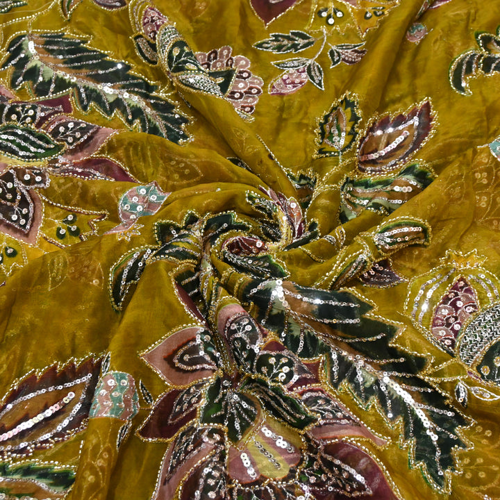 Viscose Organza Position Printed with Zari Sequence Embroidery
