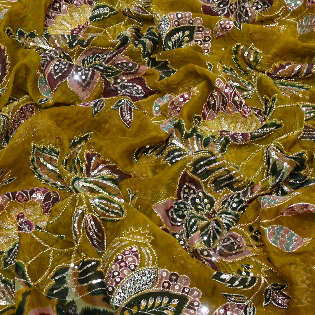 Viscose Organza Position Printed with Zari Sequence Embroidery