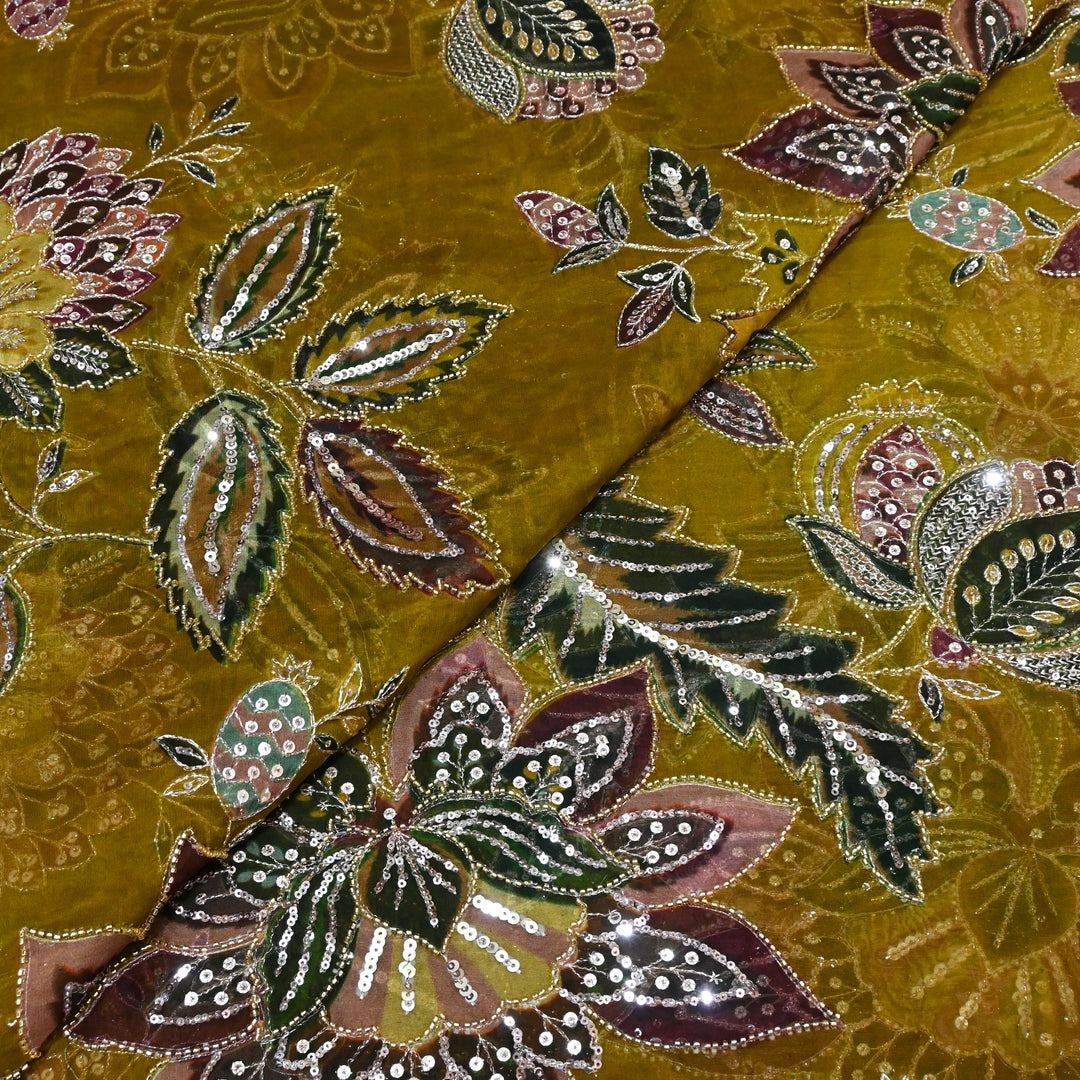 Viscose Organza Position Printed with Zari Sequence Embroidery