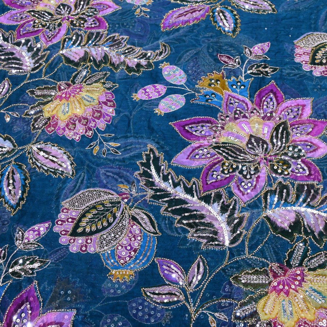 Viscose Organza Position Printed with Zari Sequence Embroidery