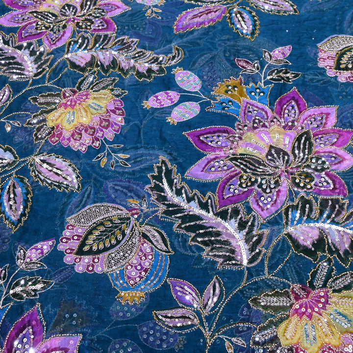 Viscose Organza Position Printed with Zari Sequence Embroidery